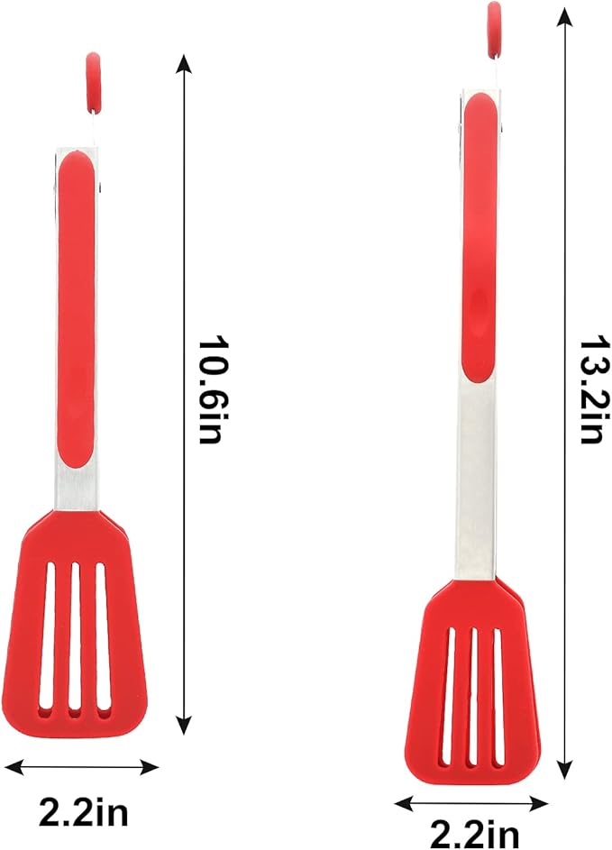 Cooking Tongs 9 inches and 12 inches Stainless Steel Kitchen Silicone Serving Tong Heat Resistant Meat Turner Spatula Tong Fish Tongs with Locking Handle Joint (Red)