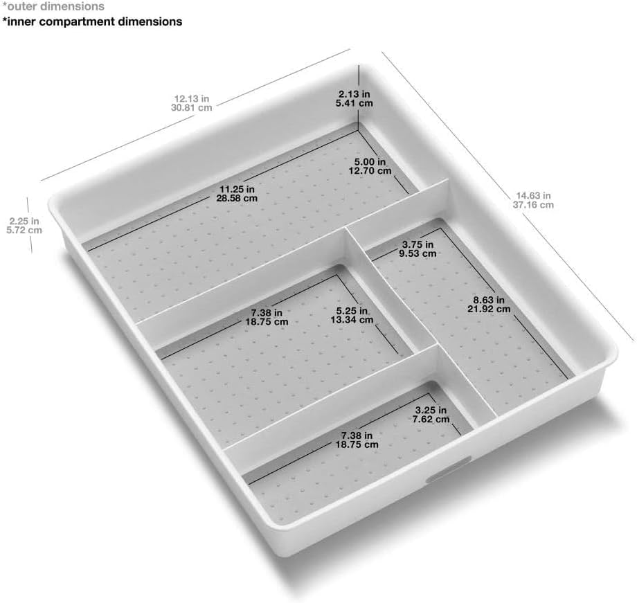 Madesmart Classic 4-Compartment Drawer Organizer Gadget Tray, Plastic Multipurpose Storage Bin for Drawers, White