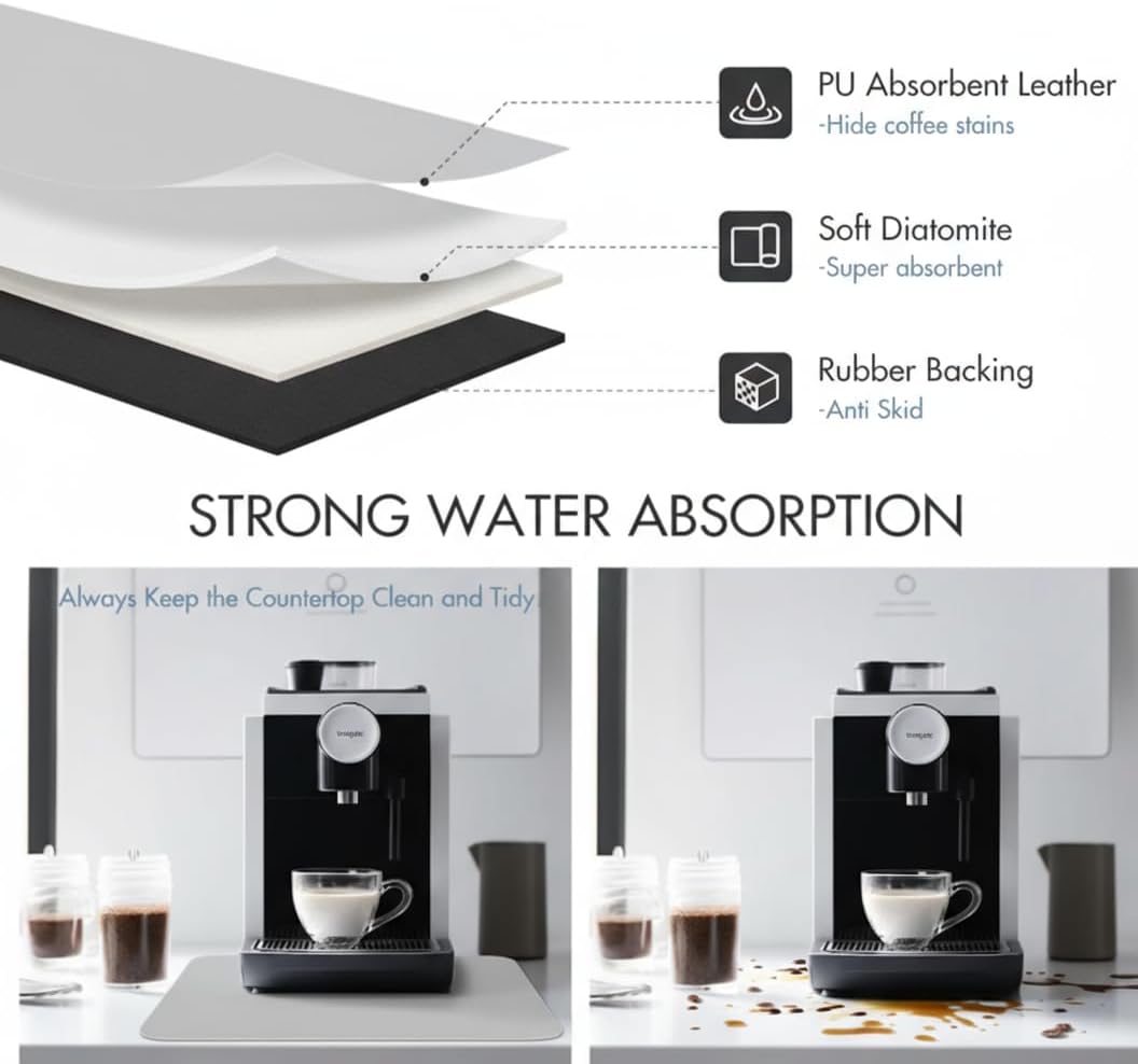 Dish Drying Mat Super Absorbent – 16" x 18" Coffee Mat for Countertops – Non-Slip Drying Mat for Kitchen Counter – Easy to Clean Water Absorbent Mat – Large Dish Drying Mats (Lite Gray)