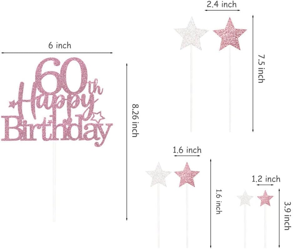 Glittery 60th Happy Birthday Cake Topper with Star,Personalised 60 Birthday Cake Toppers Party Decorations Party Supplies for Men Women Rose Gold