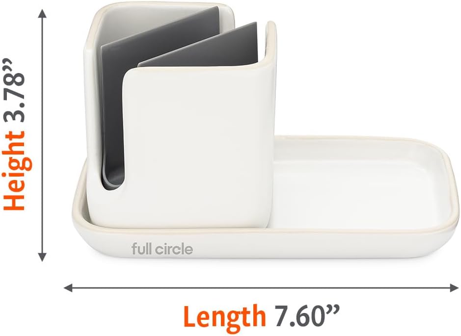 Full Circle Stash, Ceramic Kitchen Sink Caddy, Stylish Modular Sponge Holder & Dish Brush Organizer, White/Gray, 11"