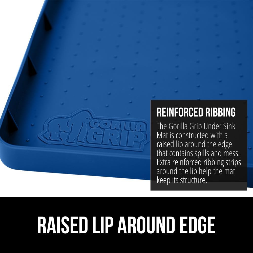 GORILLA GRIP Waterproof Silicone Under Sink Mat with Raised Lip for Kitchen and Bathroom, 28 x 22 in, Cabinet Shelf Liner Stay in Place Mats Dishwasher Safe Drawer Liner, Organizer Tray, Blue