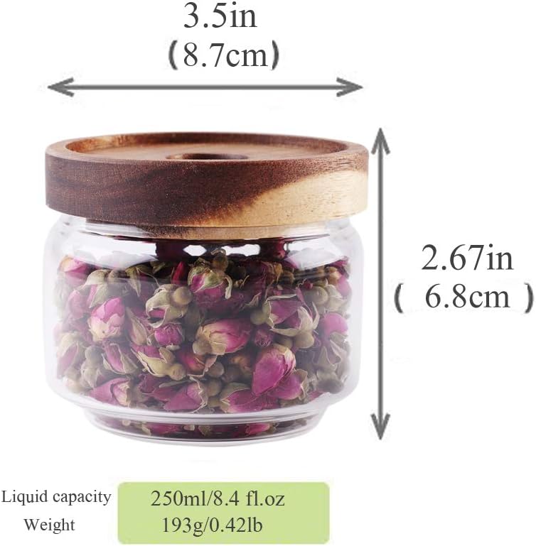 Glass Coffee Containers, 8.5 FL OZ/250 ml Kitchen Serving Food Storage Canister with Sealed Wooden Lid, BPA-Free Clear Glass Jar for Tea Leaves, Powder, Spice(3.06 inch)
