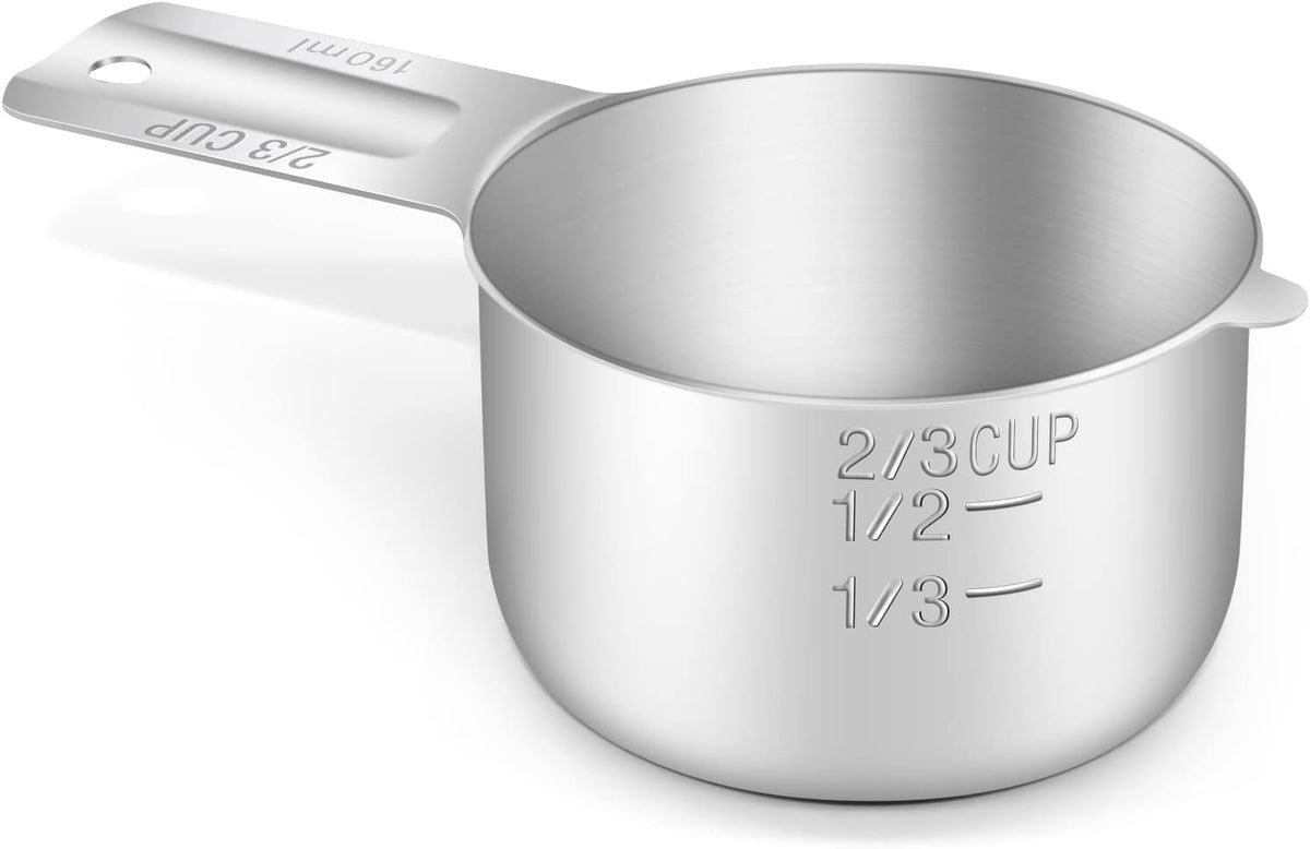 1PCS 2/3Cup (160ml, 5.3oz) Single Measuring Cup, Stainless Steel Measure Scoop, Metric and US Measurement, Dishwasher Safe