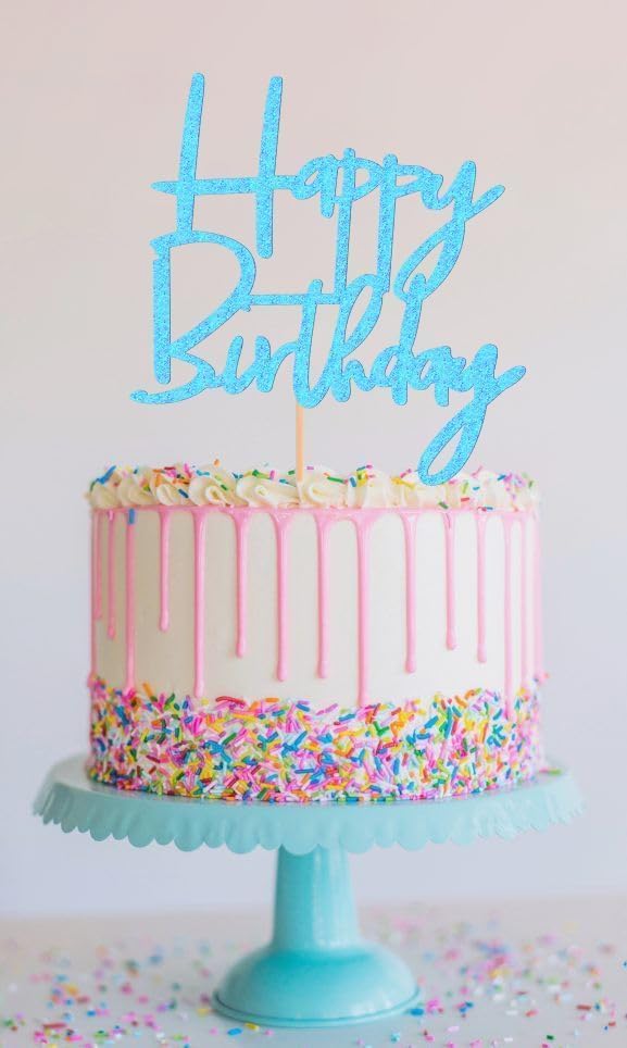 Happy Birthday Cake Topper - Glitter Light Blue Birthday Cake Top Decorations (Light Blue)