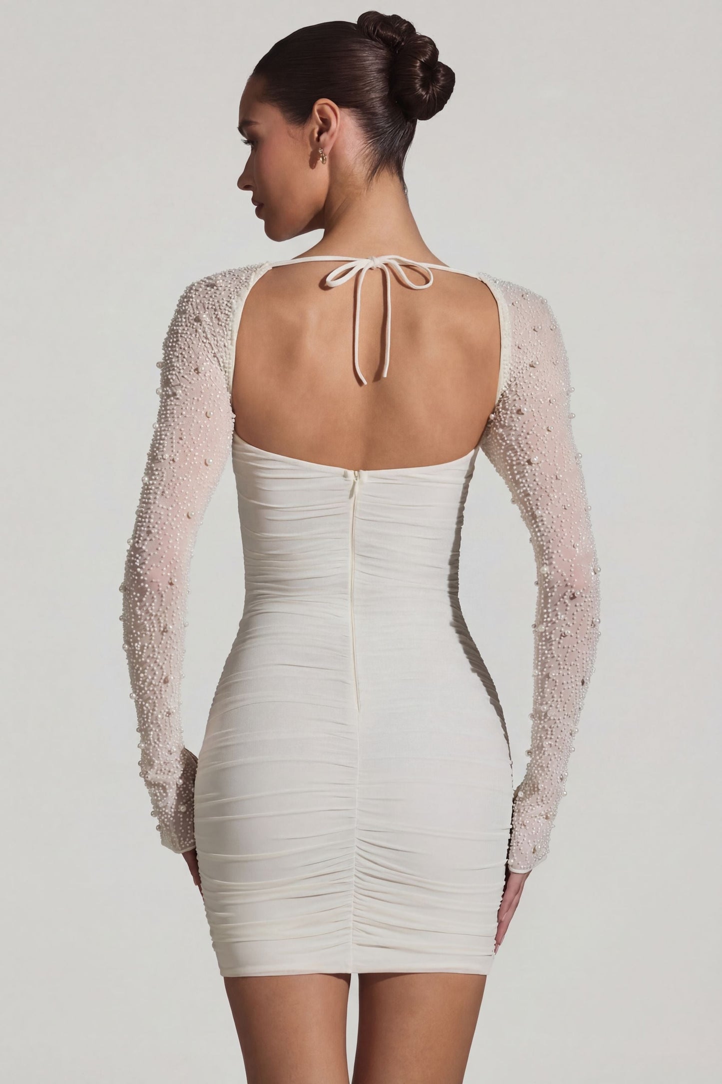 Embellished Long-Sleeve Mini Dress in White