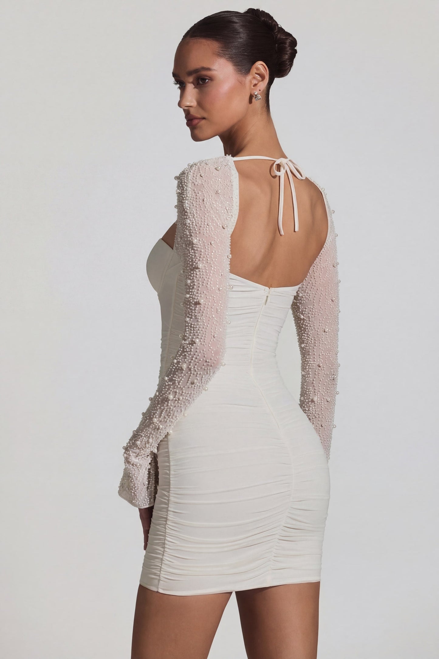 Embellished Long-Sleeve Mini Dress in White