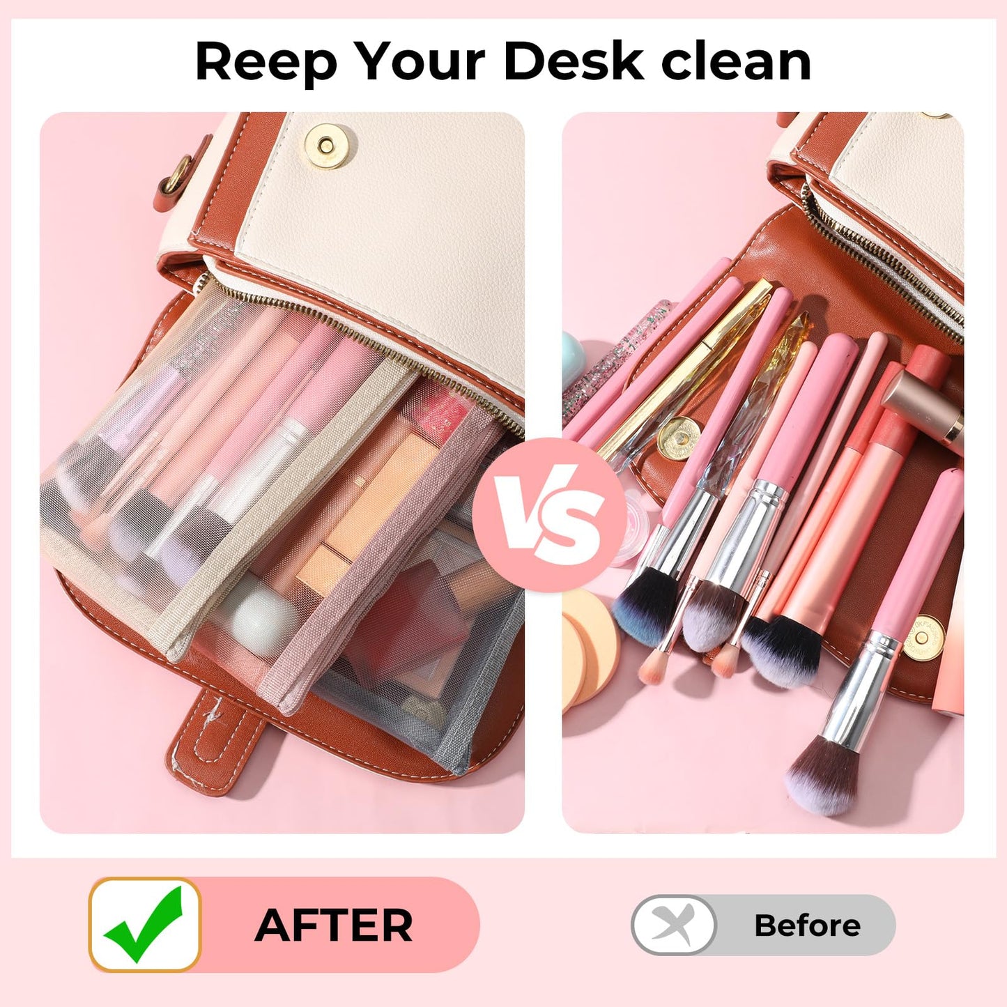 5PCS Makeup Brush Pouch with Zipper Clear Mesh Slim Makeup Bag for Purse