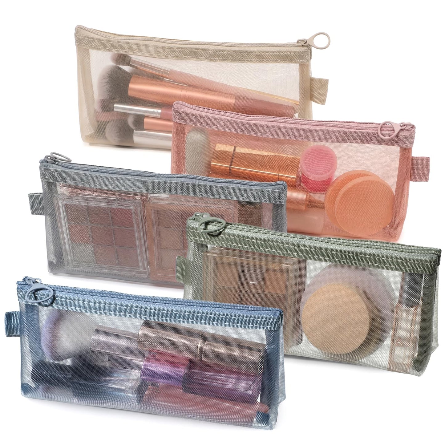 5PCS Makeup Brush Pouch with Zipper Clear Mesh Slim Makeup Bag for Purse