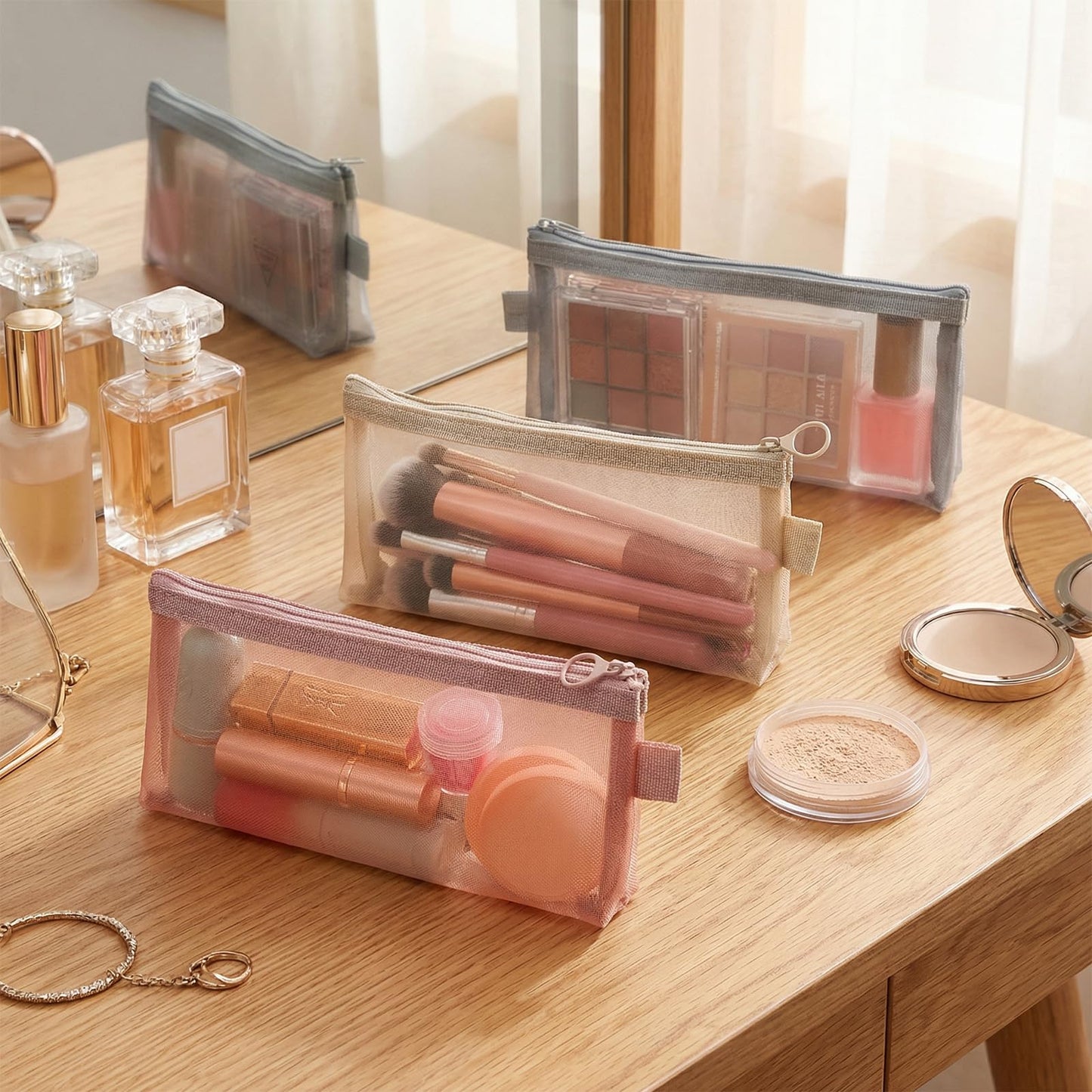 5PCS Makeup Brush Pouch with Zipper Clear Mesh Slim Makeup Bag for Purse