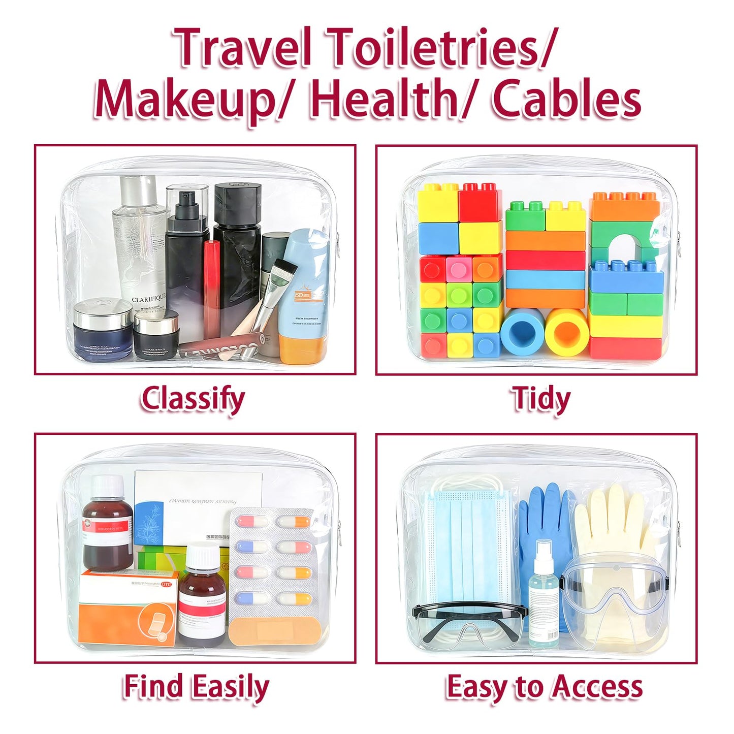 6 Pcs Large Clear Makeup Bags, TSA Approved Toiletry Bags for Travel, Waterproof Clear Pouches with Zipper, Plastic Cosmetic Organizer Case for Women Men Vacation Bathroom Essentials (White Large)