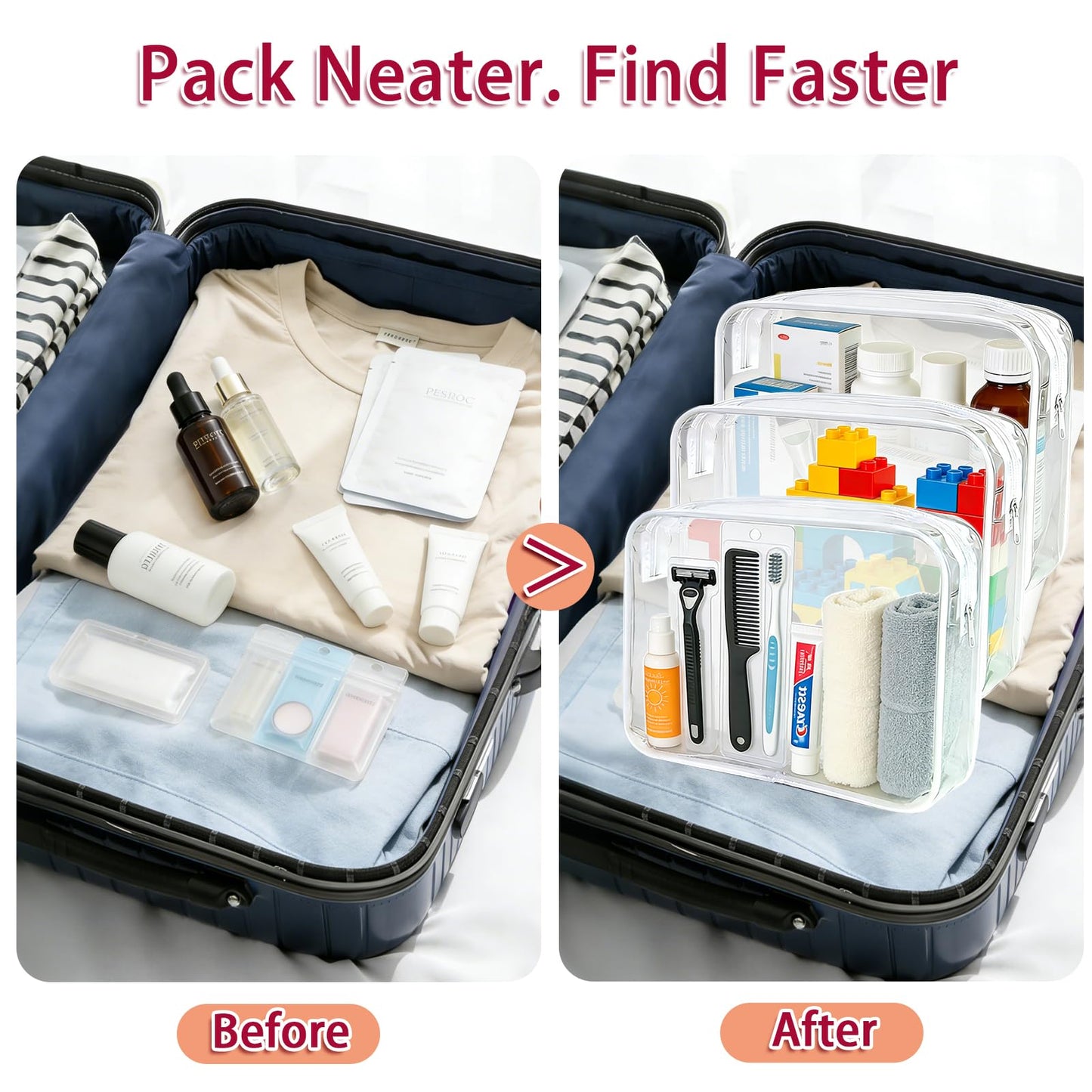 6 Pcs Large Clear Makeup Bags, TSA Approved Toiletry Bags for Travel, Waterproof Clear Pouches with Zipper, Plastic Cosmetic Organizer Case for Women Men Vacation Bathroom Essentials (White Large)