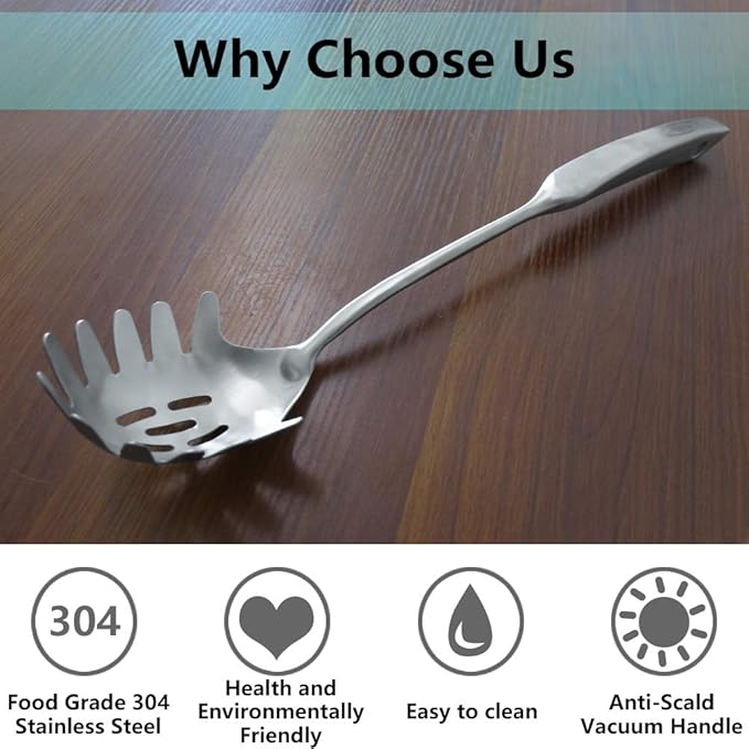 Spaghetti Server, [Rustproof, Integral Forming, Durable] Newness 304 Stainless Steel Pasta Fork with Vacuum Ergonomic Handle, Comfortable Grip Design Spaghetti Server for Kitchen, 14.33 Inches