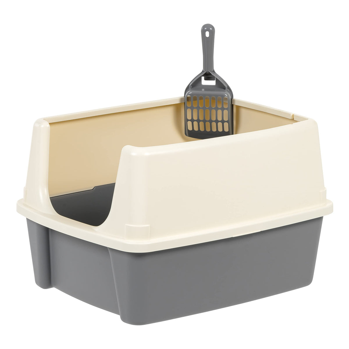 Amazon Basics Large Cat Litter Box with High Sides, Open Top for Easy Access, Includes Scoop with Storage, 19" x 15" x 11.75", Grey/Beige