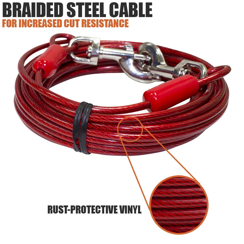 BV Dog Tie Out Cable 30 Feet - Heavy Duty Dog Lead Up to 125 Pounds - Reflective & Rust-Free with Quick Release Swivel Clips & 360° Rotating Clasp - Tangle-Free Dogs Runner for Yard (Red, Single)