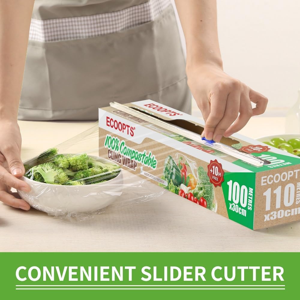 100% Compostable Plastic Cling Wrap Dispenser With Slide Cutter 12 inch Food Service Cling Film Wrap Roll - 12" x 360 Ft ECO friendly Food Wrap(The Slide Cutter stored in The Inner core of The roll)