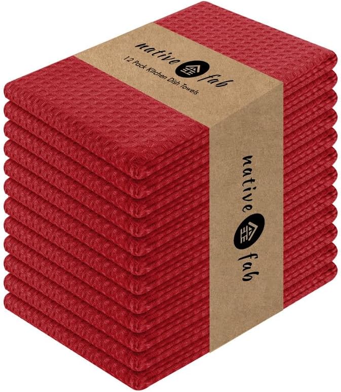 Native Fab Waffle 12 Pack 100% Cotton Easter Kitchen Dish Towels 16x26 Absorbent Durable Washable, Tea Towels, Dish Cloths, Bar Towels, Cleaning Towels, Kitchen Towels with Hanging Loop, Red