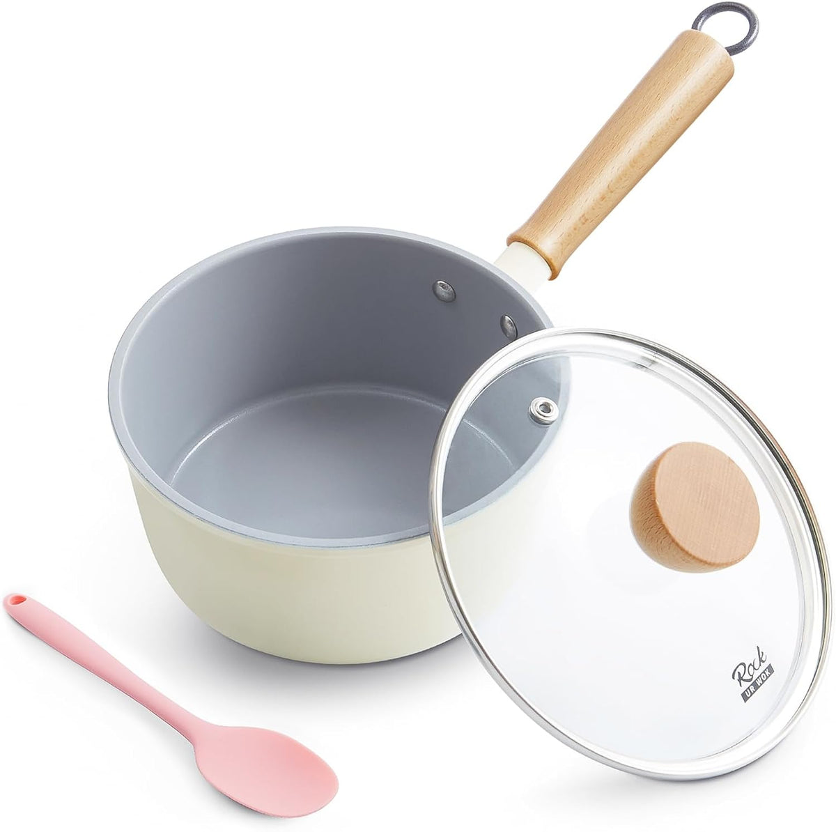 ROCKURWOK Ceramic Nonstick Sauce Pan with Lid, 1.5 Qt Small Pots for Cooking, Small Pot Wooden Handle for Cool Touch, Non Toxic & Pfas-Free Saucepan, Universal Base(Gas, Electric & Induction), White