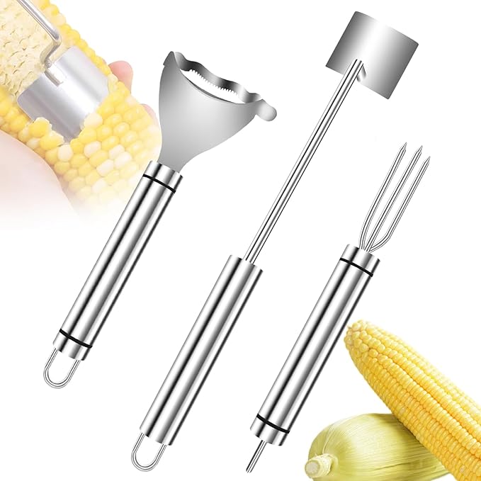 3PCS Corn Peeler Set, Stainless Steel Corn Peeler, Corn Stripper and Corn Holder Tool, Corn Planer Cutter Thresher Scraper,Peel Corn Cob Separator Quick