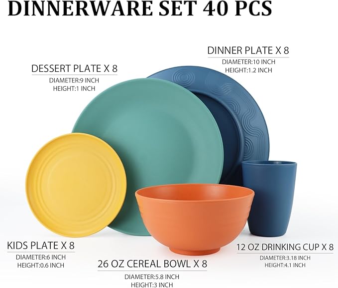 Wheat Straw Dinnerware Set 40 PCS - Service for 8 | Plates and Bowls Sets | Unbreakable Dishes Set - Dinner Plates, Dessert Plate, Cereal Bowls, Drinking Glasses, Dishwasher Safe - Multi