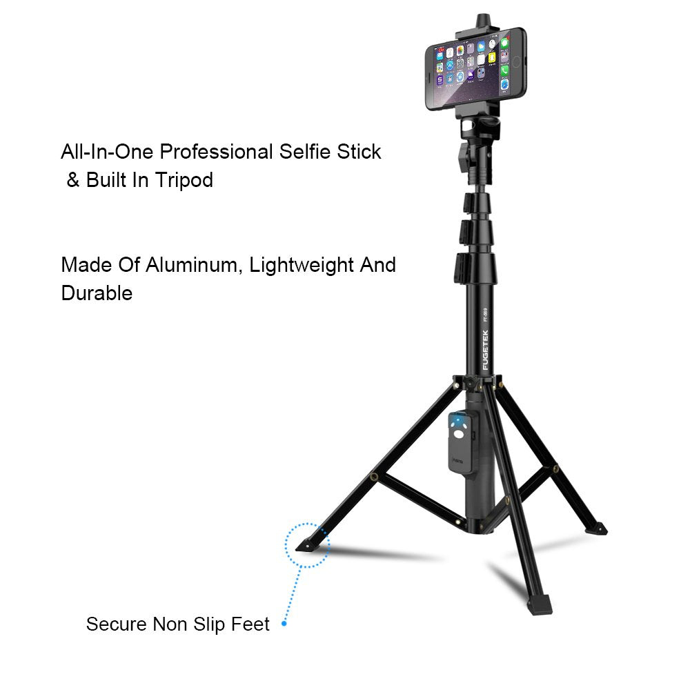 Fugetek 51" Professional Selfie Stick Tripod, 100% All Aluminum Stick & Legs, Lightweight, Detachable Bluetooth Remote, Portable All in One, Compatible with iPhone & Android, Non Skid Feet, Black