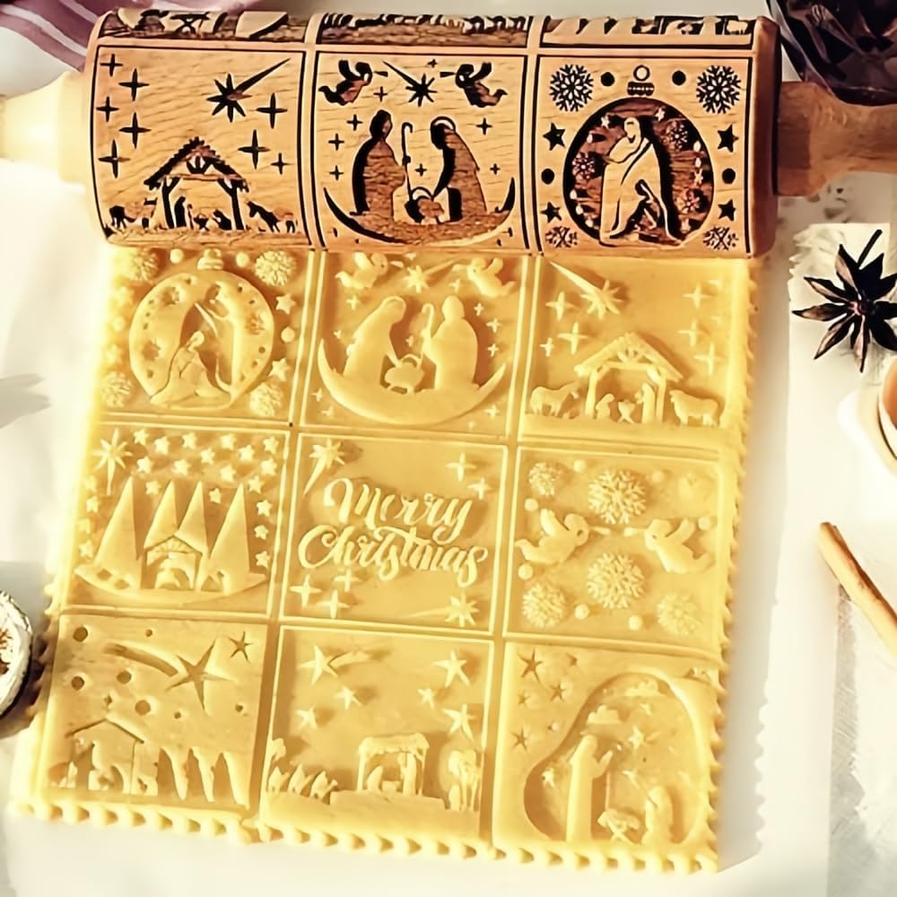 Christmas Wooden Rolling Pin for Baking Engraved Embossing Rolling Pin Cookie Stamps Roller Square Grid Cookies Mold Kitchen Decor Tools for Baking Embossed Cookies (9 Grilles Jesus)