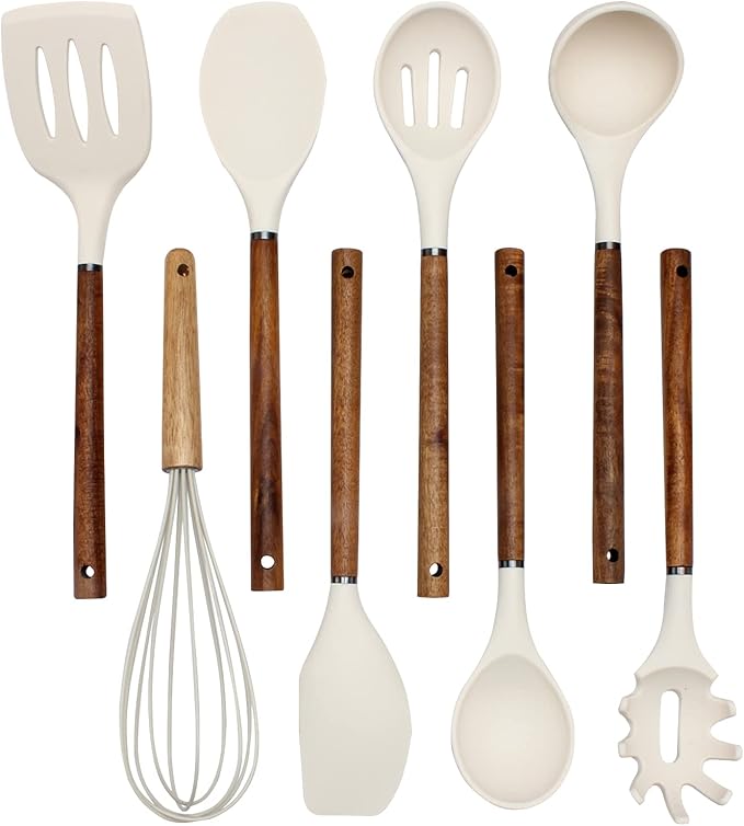 Country Kitchen Non Stick Silicone Utensil Set with Rounded Wood Handles for Cooking and Baking, 8 Piece Set, Khaki