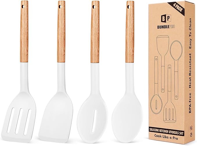 Pack of 4 Silicone Cooking Utensils Set, Non Stick Solid Spatulas and Heat Resistant Slotted Spoons with Wooden Handle, Ideal Wood Kitchen Utensils Set for Frying,Serving,Turning,Stirring (WHITE)