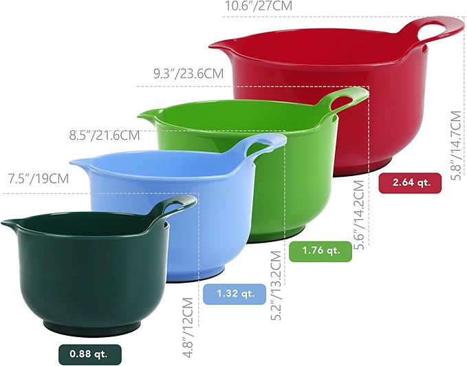 BoxedHome 4 Pack Nesting Mixing Bowl Christmas Set with Pour Spout and Handle, BPA free Microwave & Dishwasher Safe(Christmas colours, 4 Pack with Handle, Random colour silicone scraper included)