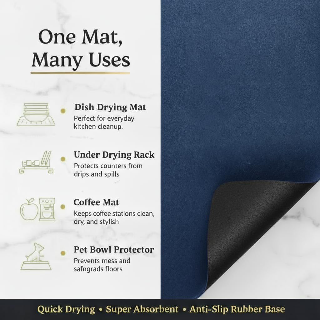 Dish Drying Mat Super Absorbent – 16" x 18" Coffee Mat for Countertops – Non-Slip Drying Mat for Kitchen Counter – Easy to Clean Water Absorbent Mat – Large Dish Drying Mats (Navy Blue)