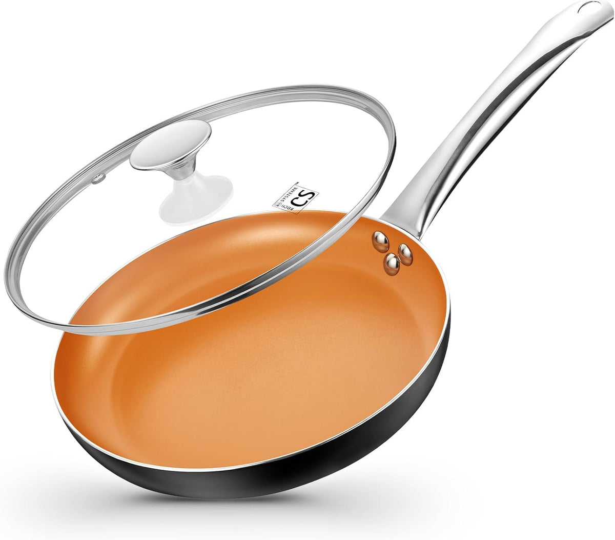 KOCH SYSTEME CS 10in Copper Nonstick Frying Pans with Lids and Titanium Ceramic Interior,100% PFOA-Free Saute Pan/Skillet for All Stove Tops,Stainless Handle,Omelet Pan Cookware