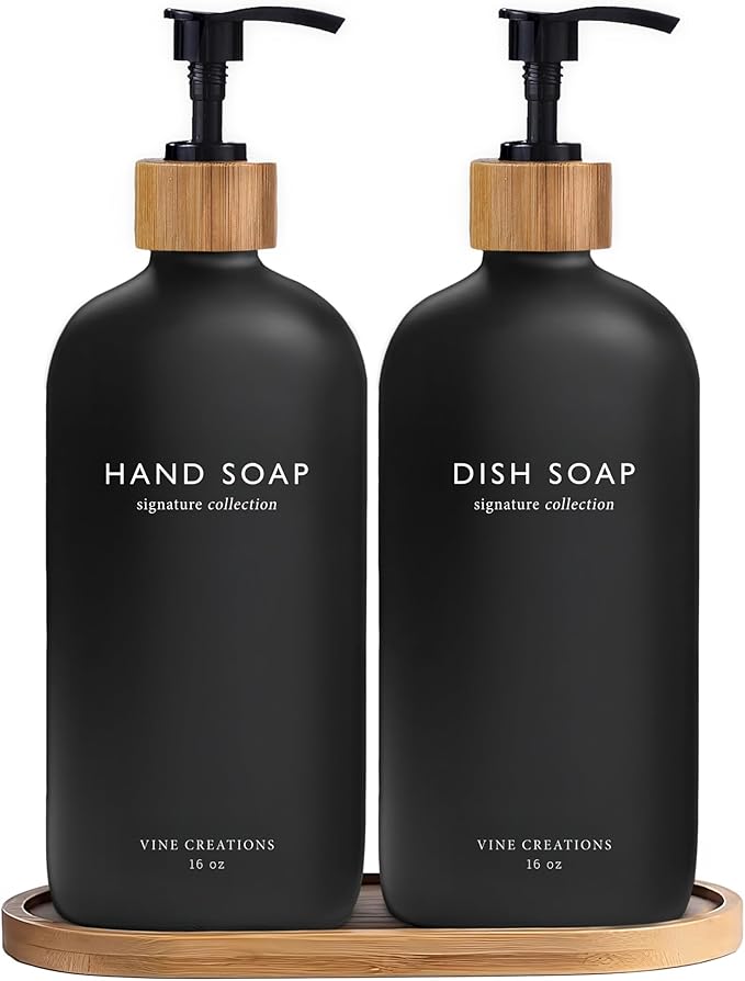 Vine Creations Black Glass Soap Dispenser Set, Hand Soap and Dish Soap Dispenser Set with Bamboo Tray, 16 oz Glass Dispensers Bottle for Kitchen and Bathroom Decor Modern Boho with Bamboo Pump (Black)