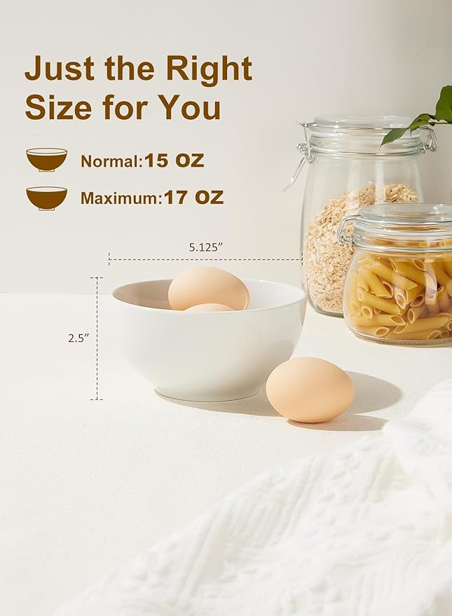 Yedio White Ceramic Cereal Bowls, 17 Ounce Porcelain Bowl for Kitchen Cereal Soup Rice Salad Pasta Dessert Snack Fruits Ice Cream, Set of 6, Microwave Dishwasher Freezer Oven Safe Easy Clean Stackable