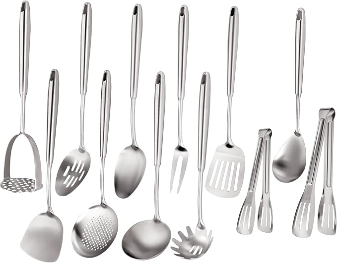 304 Stainless Steel Cooking Utensils Set, Stainless Steel Kitchen Utensils, 12 PCS Long Large Metal Cooking Utensil Tools Set, Potato Masher, Fork, Tongs, Pasta, etc (Dishwasher Safe)