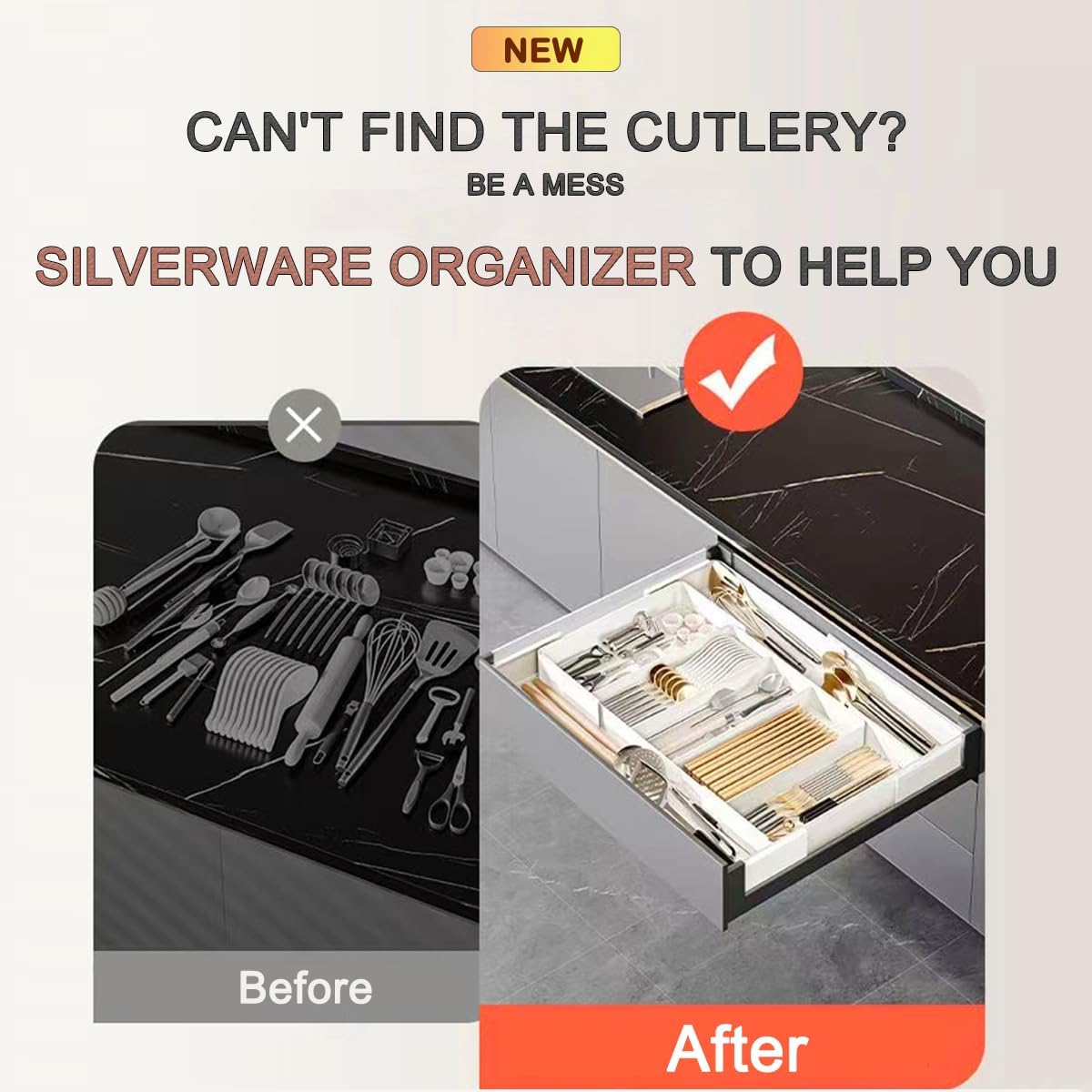 Silverware Drawer Organizer - Expandable Deep Utensil Organizer for Kitchen Drawers(13"-22.4" x 15", Black)