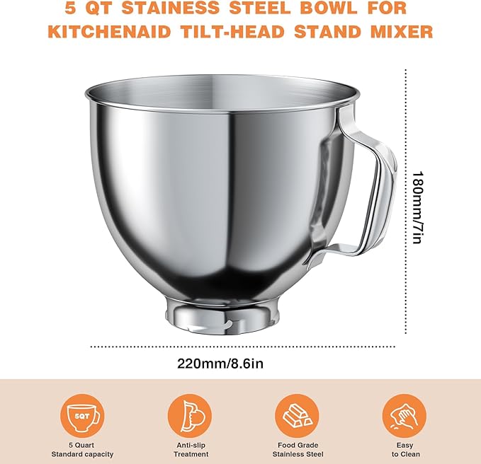5 QT Food-Grade Stainless Steel Mixer Bowl Compatible With KITCHENAID TILT-HEAD STAND MIXERS 4.5-5 Quart, with Anti-slip handle & Prominent Clasp, Stainless Steel Polished