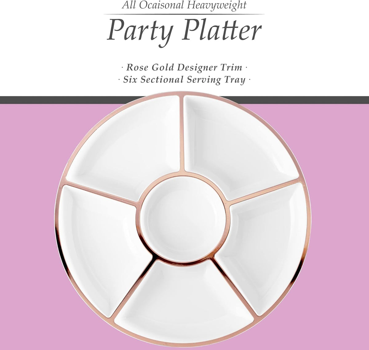 Plasticpro 6 Sectional Round Plastic Serving Tray/Platter (2, White & Rose Gold)