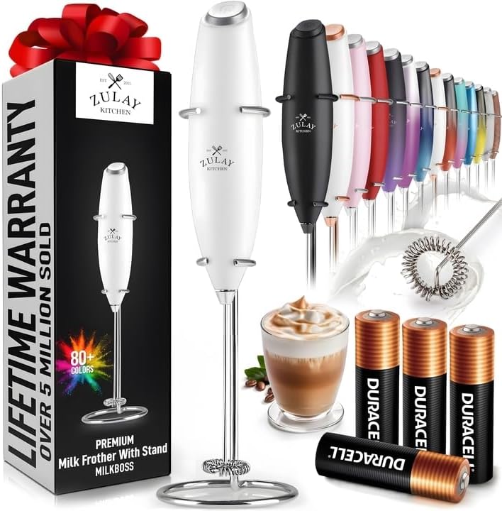 Zulay Kitchen Powerful Milk Frother Wand With 4 AA Duracell Batteries - Ultra Fast Handheld Drink Mixer - Electric Whisk Foam Maker for Coffee, Lattes, Cappuccino, Matcha & Creamer -