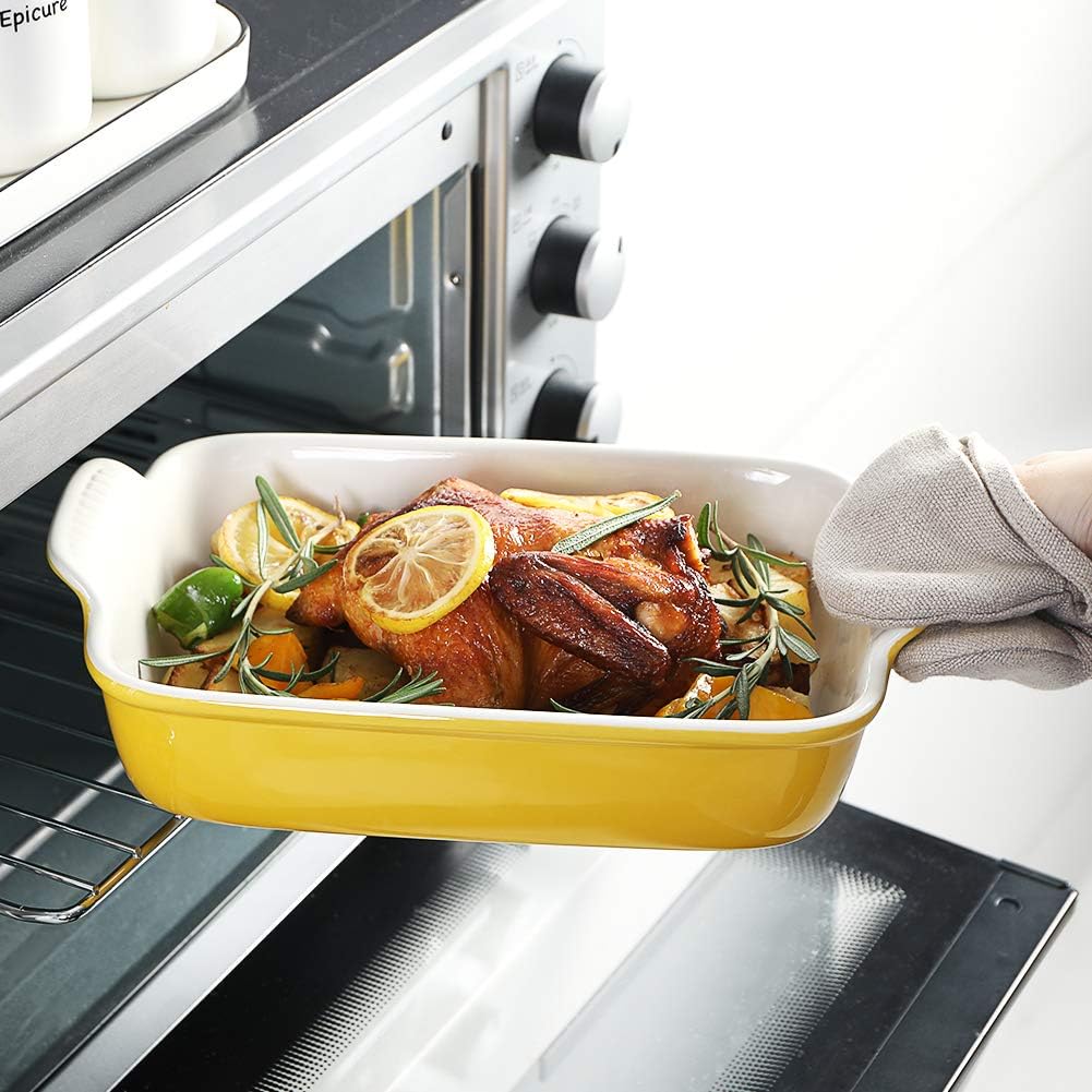 Sweejar Baking Pans Set, Ceramic 9x13 Baking Dish with Handle, Rectangular Casserole Dishes for Oven, Bakeware Sets of 3, Durable Lasagna Pan Deep for Kitchen, Banquet, Wedding Gift(Yellow)