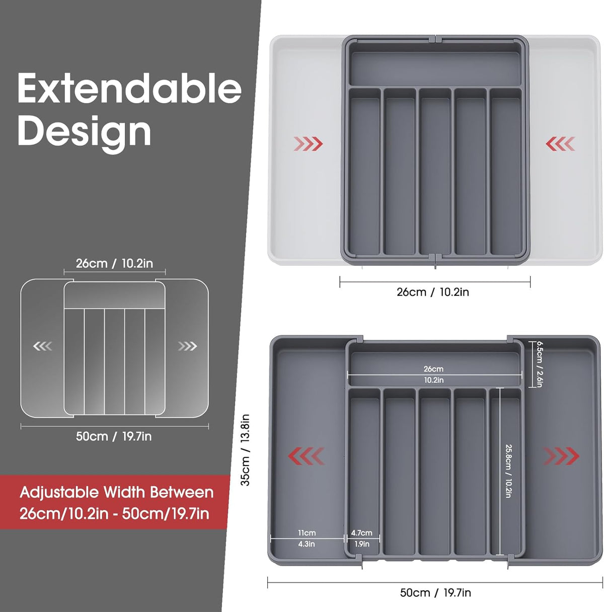 Aujen Silverware Organizer - Expandable Kitchen Drawer Organizer, Adjustable Utensil Organizer, Cutlery Tray for Forks, Knives, Multipurpose Kitchen Organizers and Storage Solution, Grey, Large