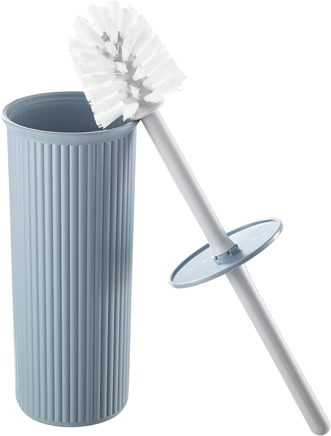 Superio Ribbed Collection - Decorative Plastic Toilet Bowl Brush and Holder Set, Blue (1 Pack) Cleaner Scrubber for Bathroom