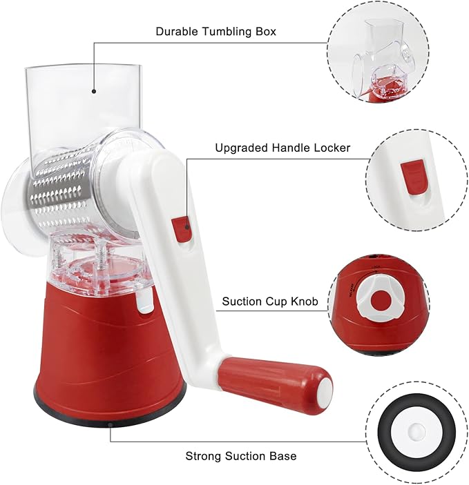3rd Generation Rotary Cheese Grater, Mandoline Vegetable Slicer with 3 Replacement Blades, Easy to Clean Rotary Shredder for Fruit, Vegetables, Red