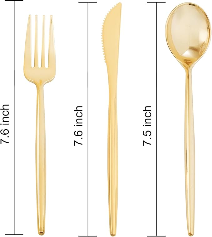 Supernal 180PCS Gold Plastic Silverware Gold Silverware Disposable Cutlery Plastic Utensils Heavy Duty Disposable Utensils Includes: 60 Knives, 60 Forks and 60 Spoons for Party, Birthday, Wedding