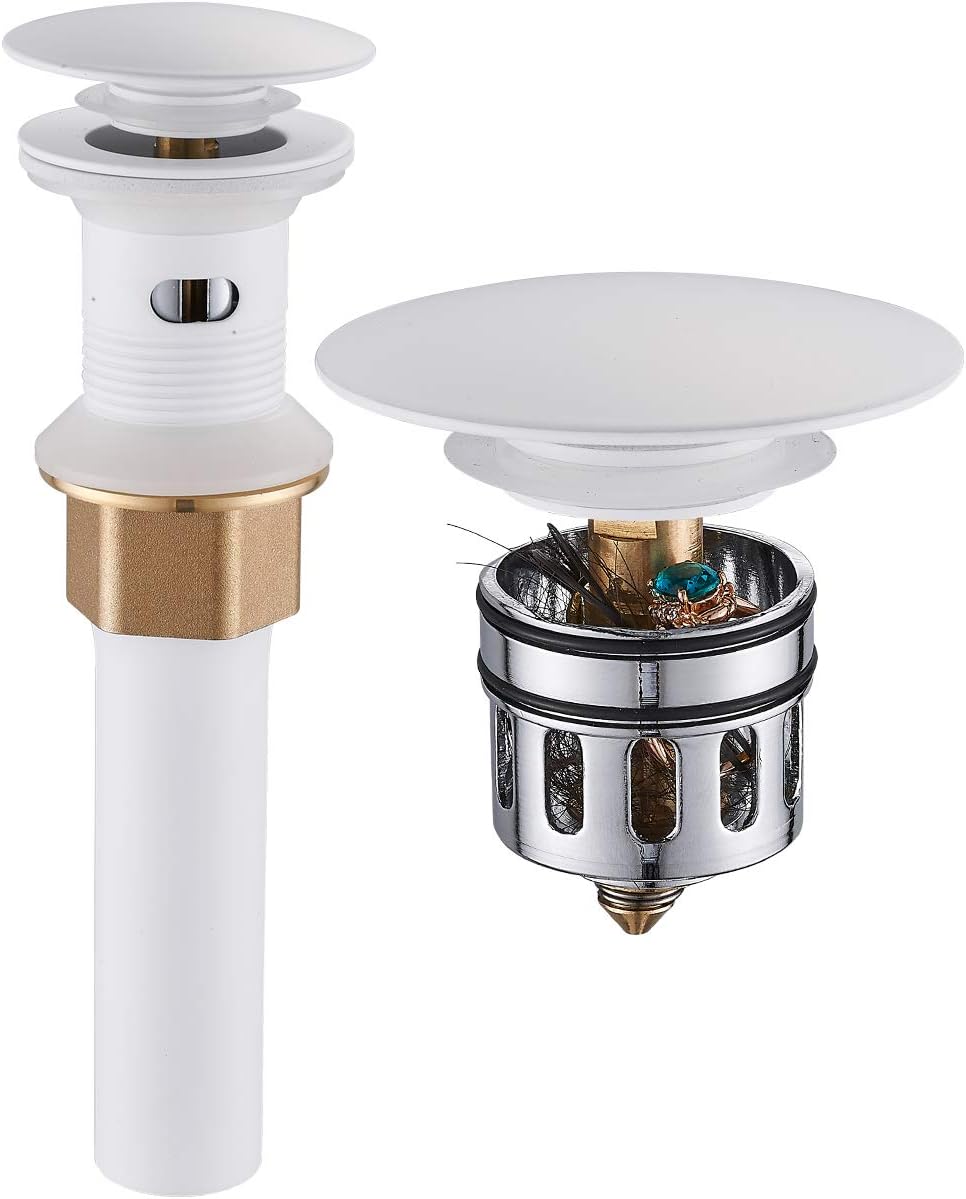 Vessel Sink Drain, Bathroom Faucet Vessel Sink Pop Up Drain Stopper, Built-in Anti-Clogging Strainer, with Overflow White, Fits Standard American Drain Hole(1-1/2" to 1-3/4") RWF083N