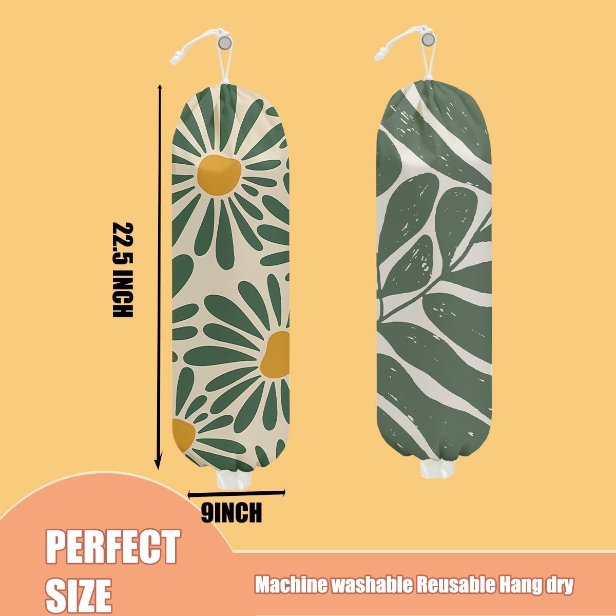 2 Pcs Botanical Plastic Bag Holder, Wall Mount Grocery Bag Holder for Plastic Storage bag, Washable Floral Grocery Bags Organizer Storage Dispenser, Pull Rope Free Adjustment, Flower Gifts for Women
