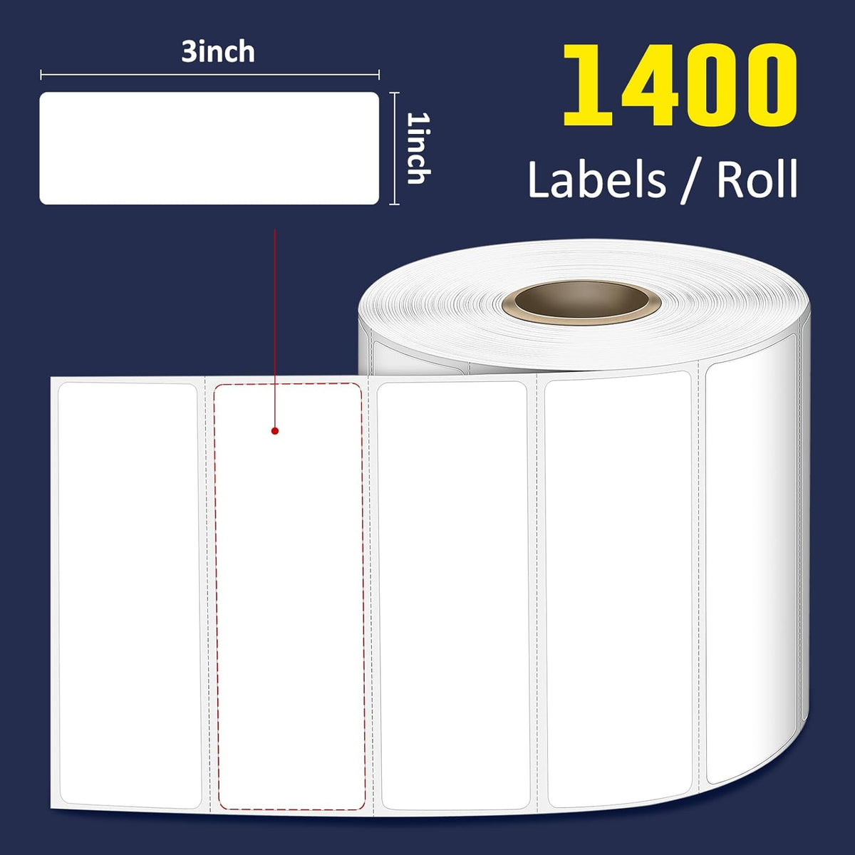 L LIKED 3" x 1" Direct Thermal Label, Permanent Adhesive Barcode Shipping Labels & Compatible with Rollo, Zebra and Other Desktop Printers (1 Roll, 1400 Labels)