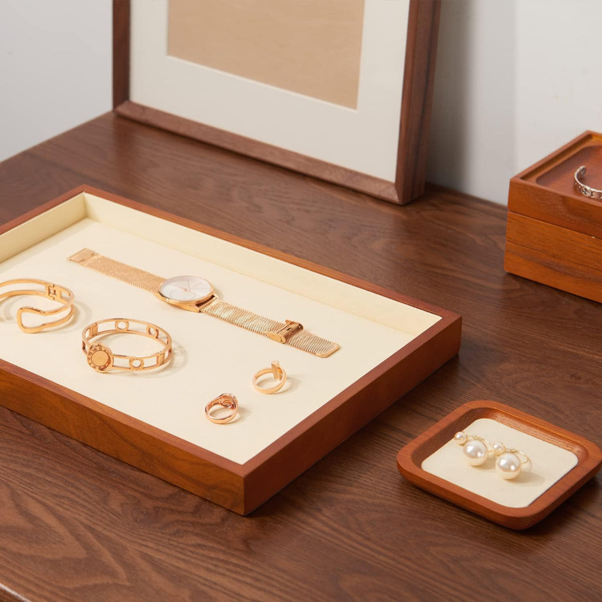 Oirlv Wood Flat Jewelry Tray Stackable Jewelry Drawer Organizer Showcase Jewelry Holder (Creamy-white flat tray)