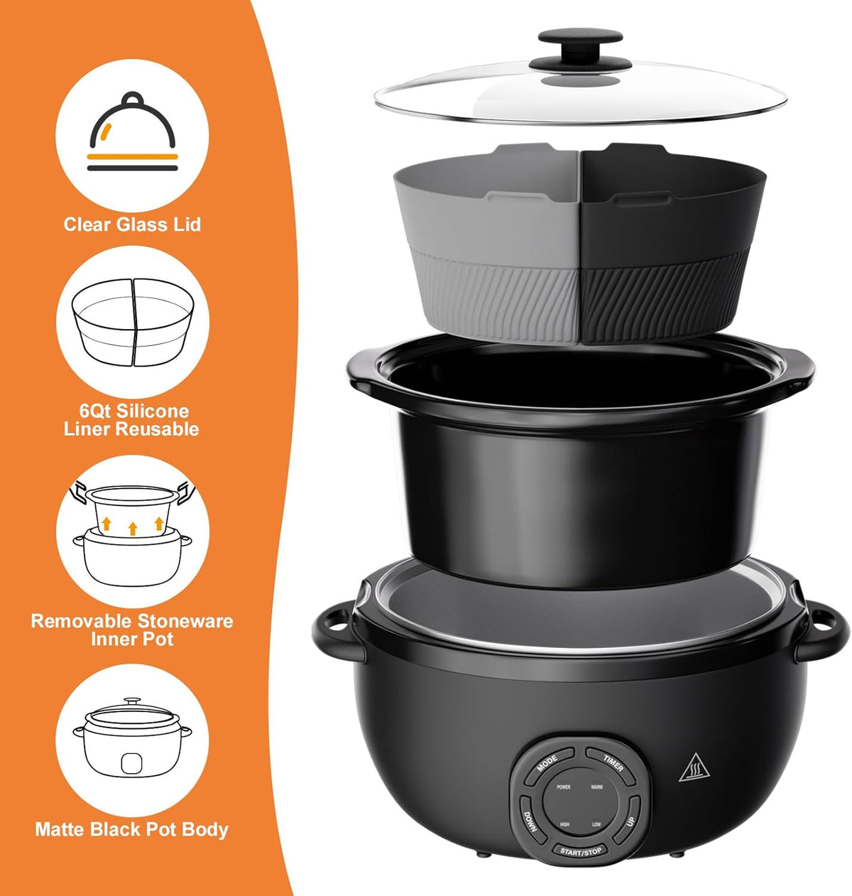 7-Quart Oval Slow Cooker Electric with Nonstick Removable Pot, 3 Temp Settings, Programmable, Dishwasher Safe