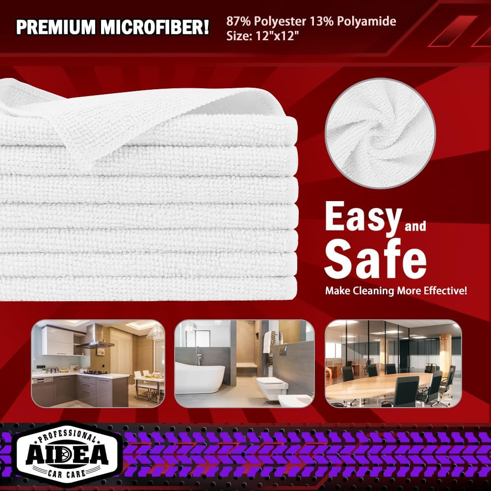 AIDEA Microfiber Cleaning Cloth White 150PK, Microfiber Towels for Cars, Premium Car Cloth, Dusting Cloths Lint Free Cleaning Rags for SUVs, House, Kitchen, Window, Workshops,12×12"