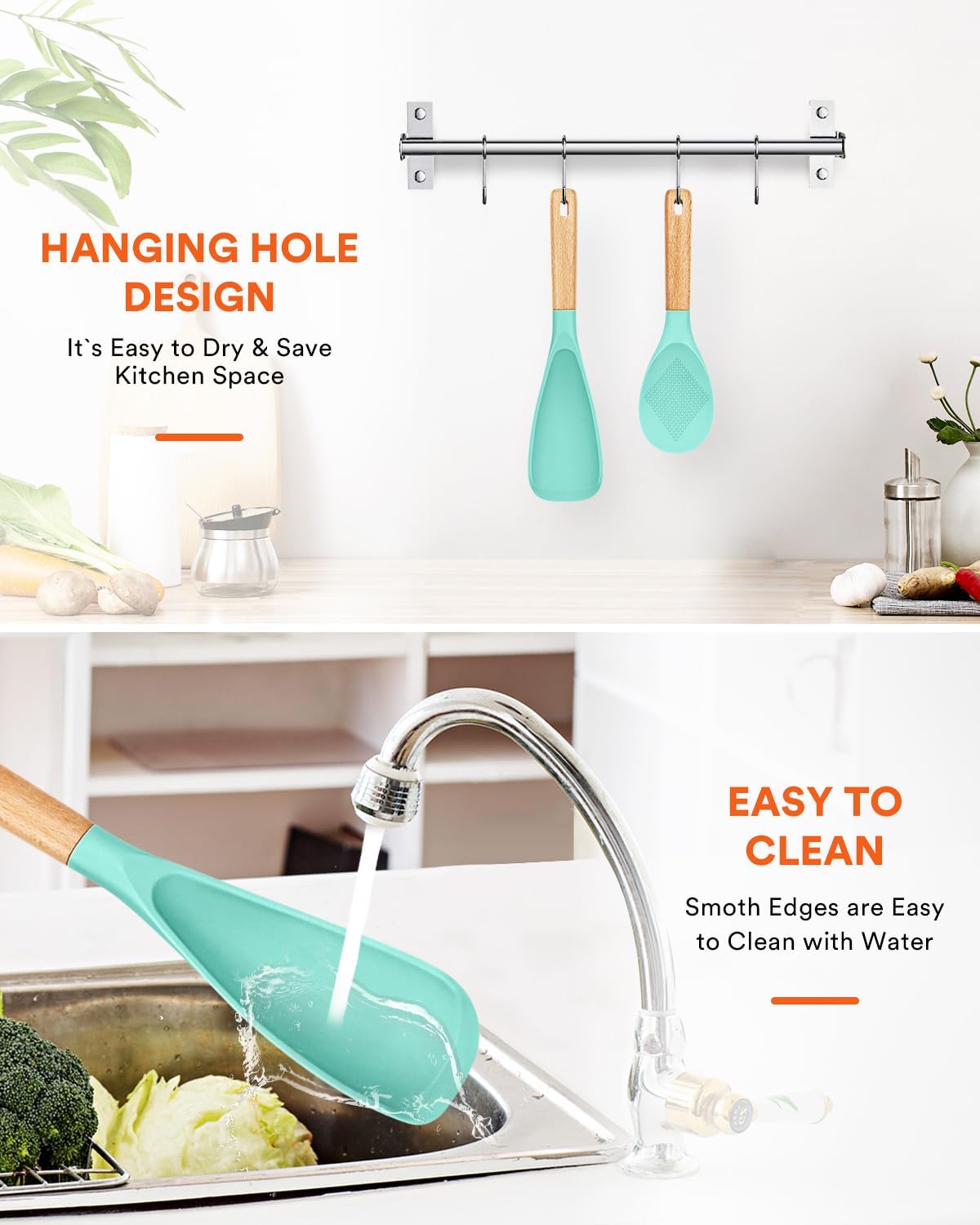 Cooking Spoon and Rice Scooper for Nonstick Cookwares, Great for Cooking and Serving Sturdy BPA-Free Matte Silicone, Wood Handle Spoon for Mixing, Scoop, and Scrape (GREEN)